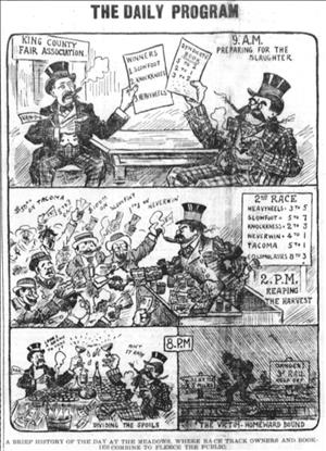A four-panel editorial cartoon from The Seattle Star of June 22, 1905, depicting Aaron Van de Vanter and a dishonest-looking character fixing races and fleecing the public at The Meadows racetrack.
